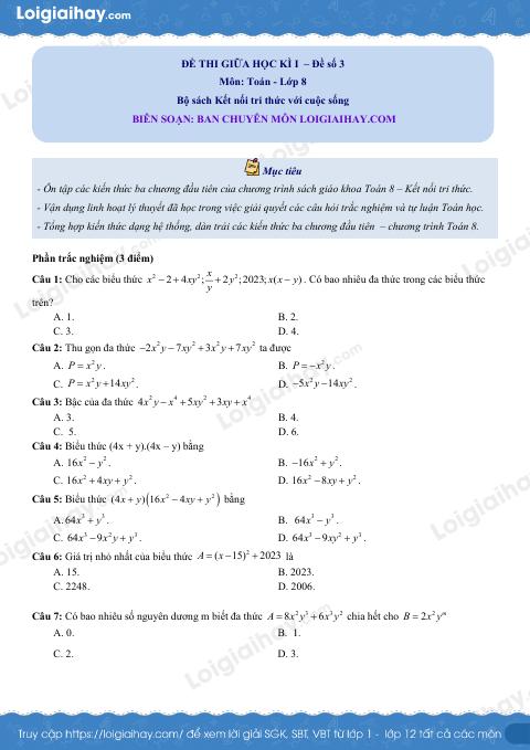 Đề thi giữa kì 1 Toán 8 - Đề số 3 - Kết nối tri thức